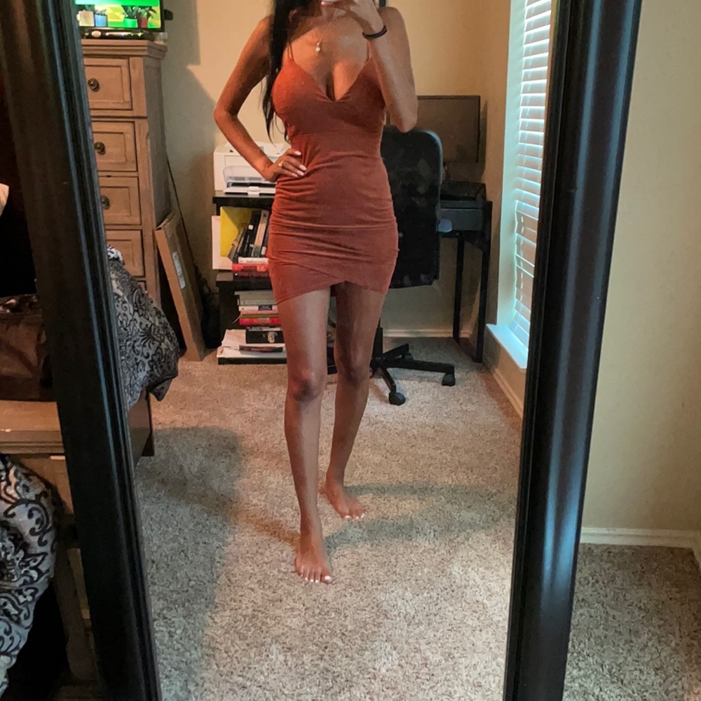 Copper party dress. Dress is suede.